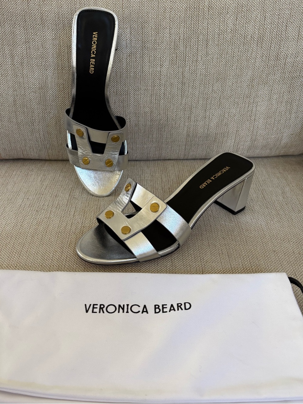 Veronica Beard Via 55mm Silver Leather Block Heel w/ Gold Studs Sandal Women’s 7